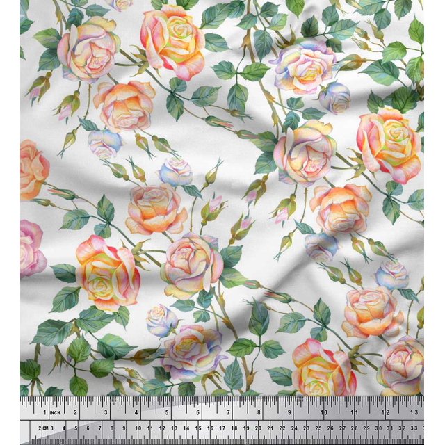 Soimoi Toile de Canard de Coton Feuilles & Fleurs Roses Imprimés par Yard 42 Pouces de Large