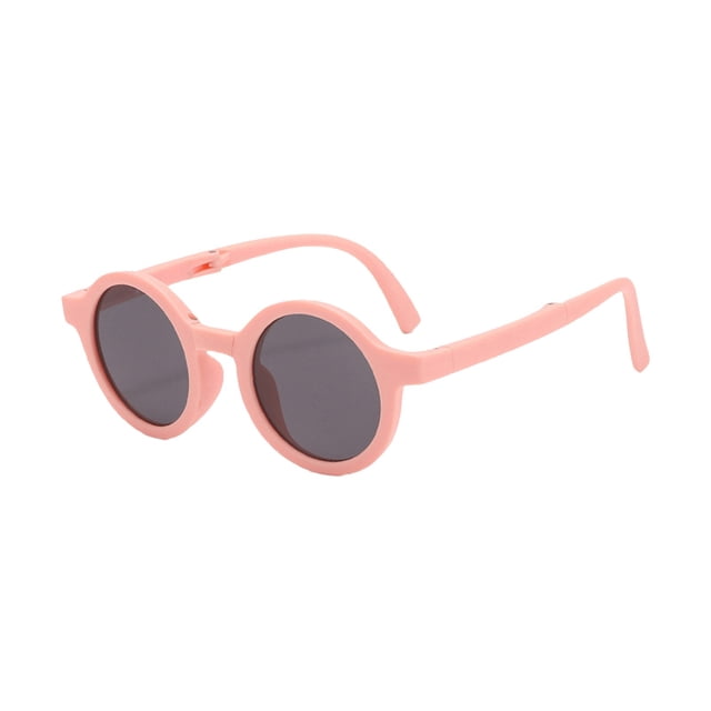 Liyamei Foldable Baby Sunglasses for toddlers and infants aged 3 to 12 years, shown in a pink round frame design with dark lenses. These foldable sunglasses are lightweight and portable, featuring anti-glare, anti-fog, and shatterproof properties. Suitable for outdoor activities like parties, traveling, or beach outings, they provide protection against sunlight and reduce eye fatigue. The sunglasses are gift-packaged, making them a practical gift option.