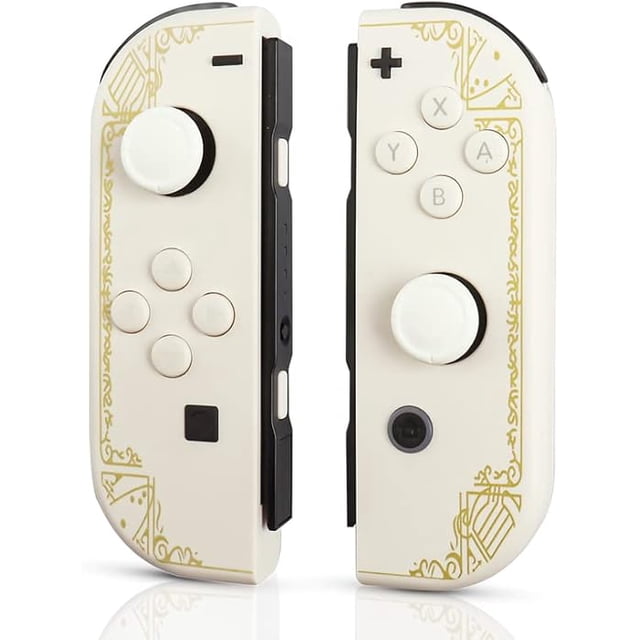Nintendo Switch Joy-Con Pair, Joy-Con Controller Nintendo-Switch Replacement in Zelda Tears of the Kingdom white design. Features include high-tech chip for reduced delay, dual vibration, 360° joystick, gyro sensor, and wireless connectivity. Can be used as a single controller or two separate controllers. Compact and stylish with gold accents on a white base.