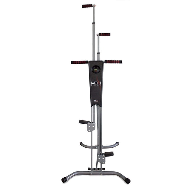 Maxi Climber Vertical Climber Total Body Fitness Home Gym Exercise Stepper Cardio Workout Machine with Monitor. This grey ergonomic vertical climber features adjustable height levels, an LCD monitor, and a compact folding design for easy storage. Ideal for toning legs, abs, thighs, biceps, triceps, back, shoulders, and buttocks. Includes a diet menu and exercise manual.