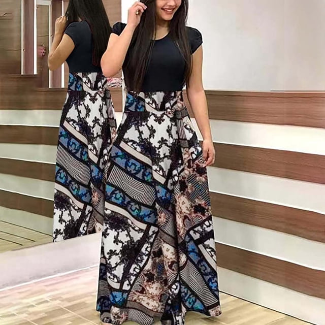 Weiqiqre Robes pour Femmes 2024 Robe Teinture sur Nœuds Colorée Longue à Imprimé Floral Plage Décontractée Maxi Robe d'Été Rabais