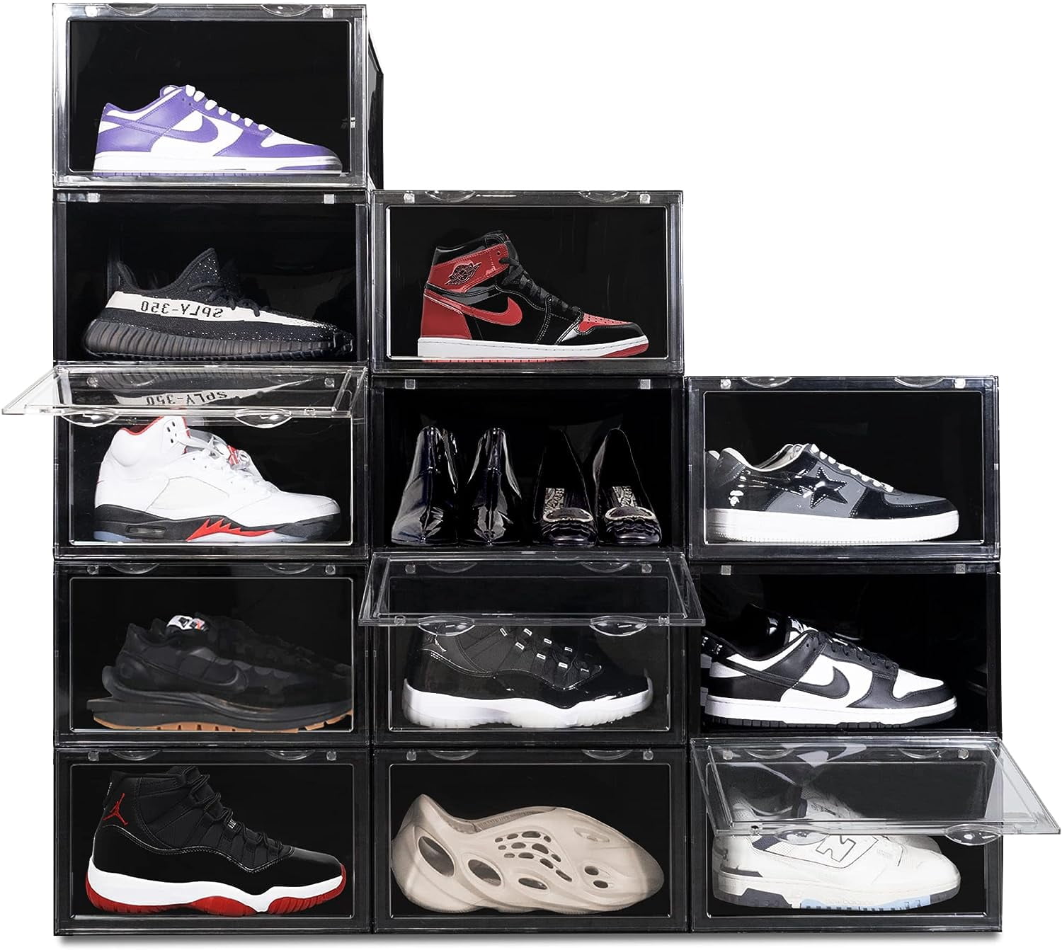 OLLIE XL Shoe Storage Boxes – Foldable and Stackable Shoe Storage Organizer for Closet – Clear HardFor Up to Size 13 – Acrylic Shoe Box Storage Containers for Jordan, Sneakers, Boots (12-Pack, Black)