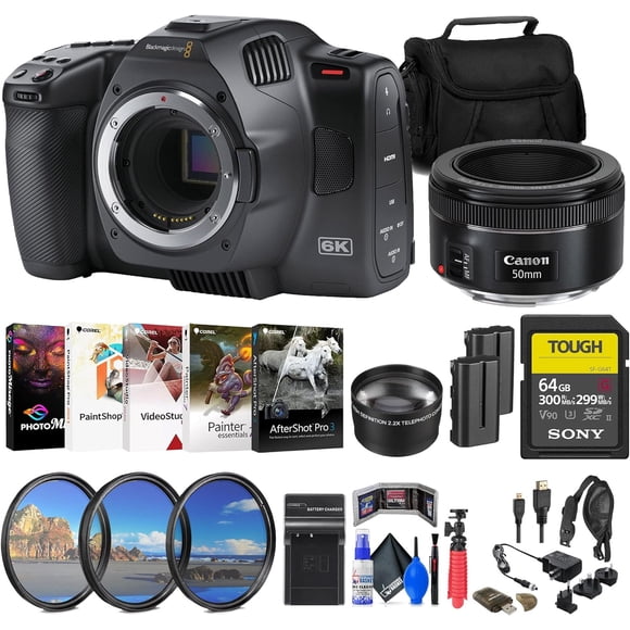 Blackmagic Appareil Photo de Cinéma de Poche au Design 6K G2 + Objectif Canon EF 50mm + Cartes 64 Go + Plus