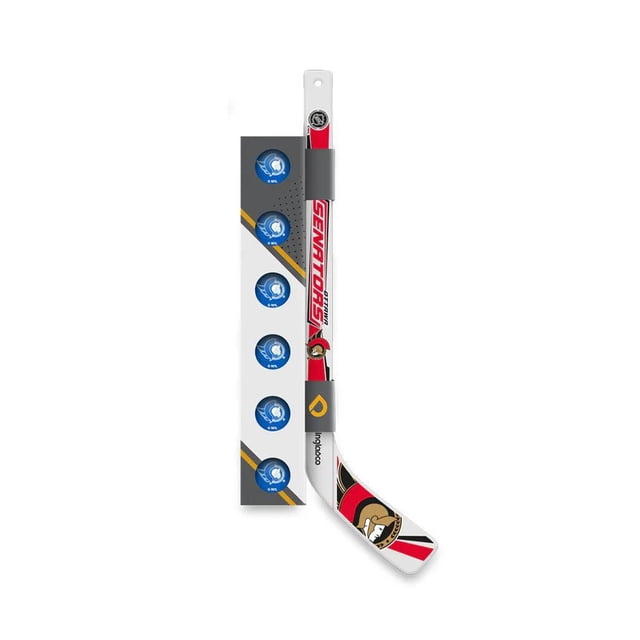 NHL RAPID FIRE SET OTTAWA SENATORS with a durable plastic mini hockey stick in red, white, and black featuring the Ottawa Senators logo on the blade and shaft, accompanied by five blue foam balls with NHL logos, suitable for ice hockey practice and family play.