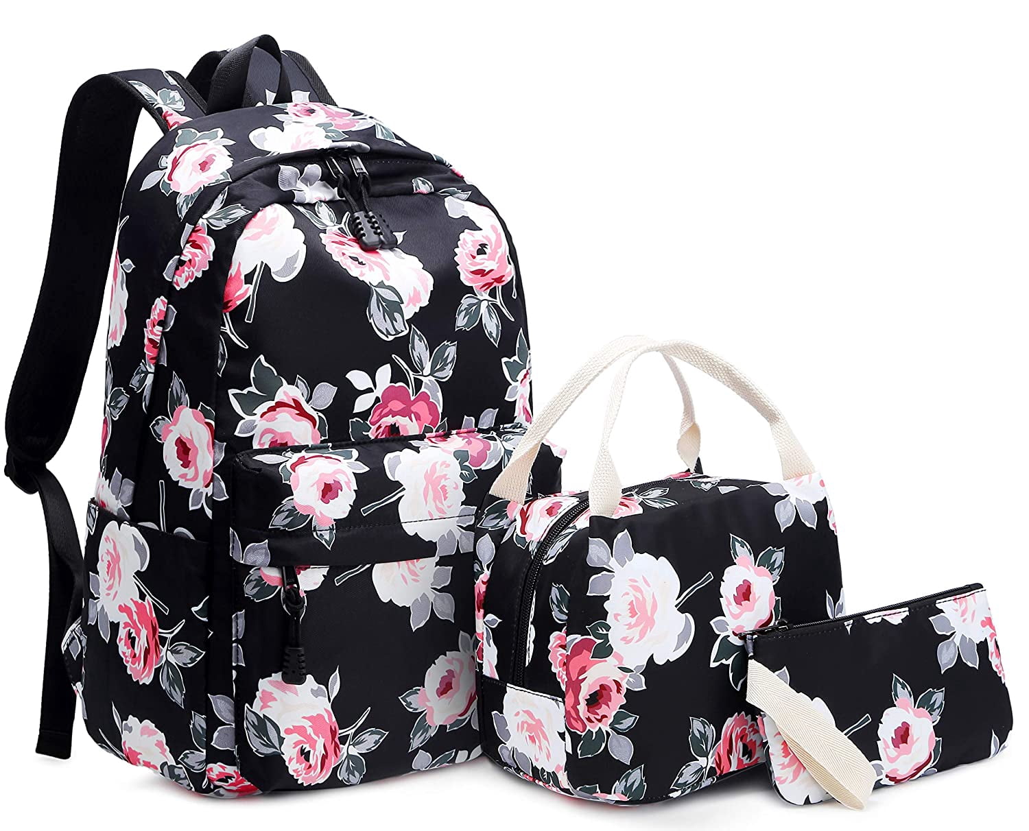 Girls Backpack Set Flowers School Backpack Daypack Women Teenagers Travel School Bag Laptop Backpack For Girls School 3 In 1 (Black)