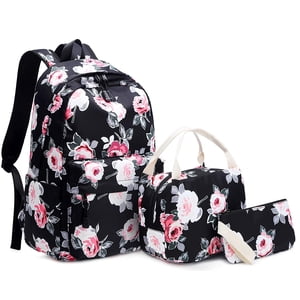 Girls Backpack Set Flowers School Backpack Daypack Women Teenagers Travel School Bag Laptop Backpack For Girls School 3 In 1 (Black)