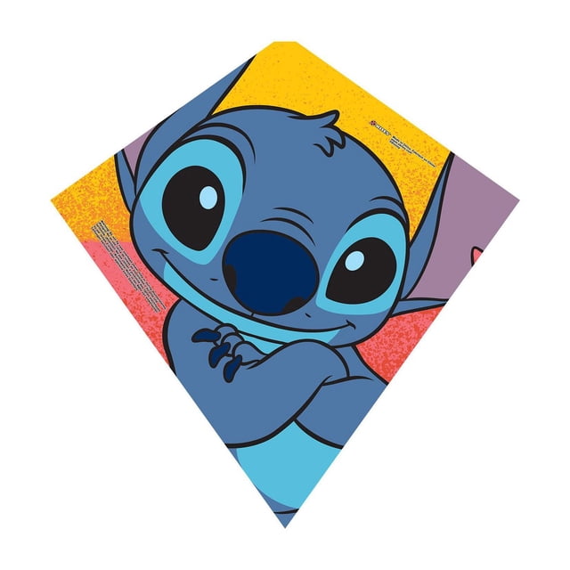 X Kites Licensed 23 Inch SkyDiamond Poly Diamond Kite featuring a large graphic of the blue character Stitch with crossed arms on a yellow and red background, designed for outdoor games and backyard fun, includes handle, line, and quick-clip for easy assembly.