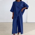 thumbnail image 2 of Mikilon Ensemble Élégant pour Femmes 2 Pcs Manches Courtes Couleur Unie Col Rond (Haut + Pantalon) Mode Manches Courtes Ensemble Chemise Col Rond Bleu m, 2 of 7