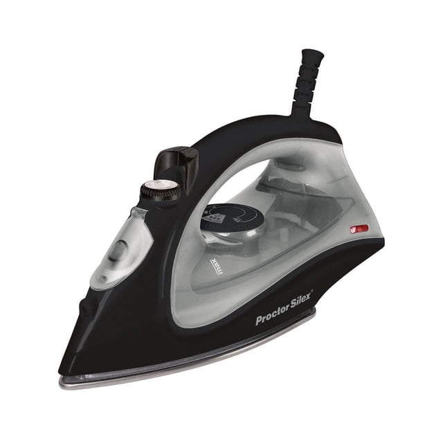 Proctor Silex Iron with Stainless Steel Soleplate 17172PS with black and translucent gray body, clear water reservoir, adjustable steam control, and pointed stainless steel soleplate for smooth gliding and wrinkle removal on fabrics.