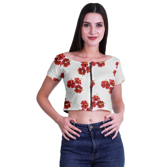 Moomaya Printed Viscose Crop Top Short Sleeve Zipper Tunic Womens Summer Tops