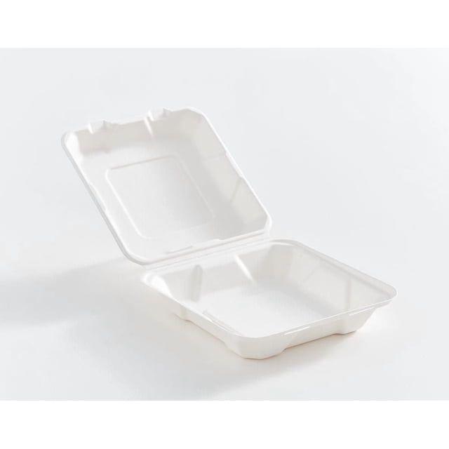 Eco Guardian 8” x 8” Fibre Hinged Container open, showing its white compostable bagasse square design with hinged lid, ideal for lunch or dinner portions, safe for fridge, freezer, microwave, and oven use, replacing plastic and polystyrene disposables, often used for portion-controlled meal storage.