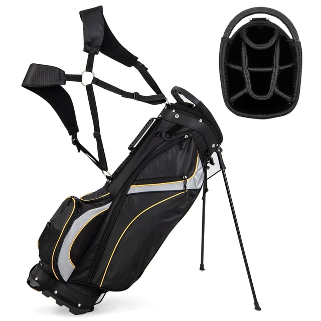 Costway Support de Golf 9 Pouces Bag Club Séparateur 8 Voies Organisateur de Transport Poches Rangement Noir Neuf. Ce Sac de Support de Golf Noir Léger Présente une Conception Ergonomique avec des Bretelles Rembourrées et Ajustables pour le Confort. Il Comprend un Séparateur 8 Voies pour Organiser des clubs, 7 Poches de Rangement, un Porte-Gant à Crochets et Boucles, et un Porte-Parapluie Dédié. le Sac Est Équipé d'Un Support Automatique durable avec Patins Antidérapants pour la Stabilité sur Divers terrains. Fabriqué en Tissu polyester avec des Composants en Aluminium et Caoutchouc, Il Mesure 35,5 Pouces de Longueur et Pèse Environ 5 Lb