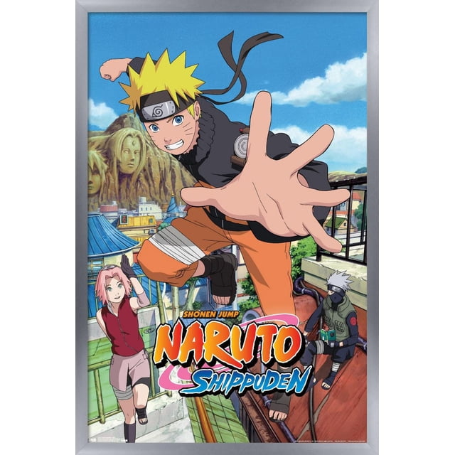 Naruto Shippuden - Affiche Murale Saut, 22,375 Po x 34 Po Représentant Naruto Uzumaki à Mi-Saut avec une Main Tendue, Portant un Pantalon orange et une Veste Noire, avec Sakura Haruno Debout et Kakashi Hatake Assis sur un Toit dans un village Détaillé sous un Ciel Bleu, Présentant le logo Naruto Shippuden au Bas.