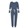 thumbnail image 4 of Posijego Ensemble Femme 2 Pcs Tenue Rayée Décontractée Manches Longues Col Ras du Cou Hauts Pantalons à Cordon Ensembles Détente P-5TG, 4 of 5