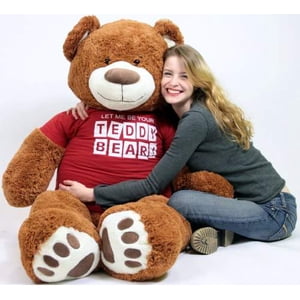 Big Plush Giant 5 Foot Teddy Bear Caramel Color Wears Tshirt LET ME BE YOUR TEDDY