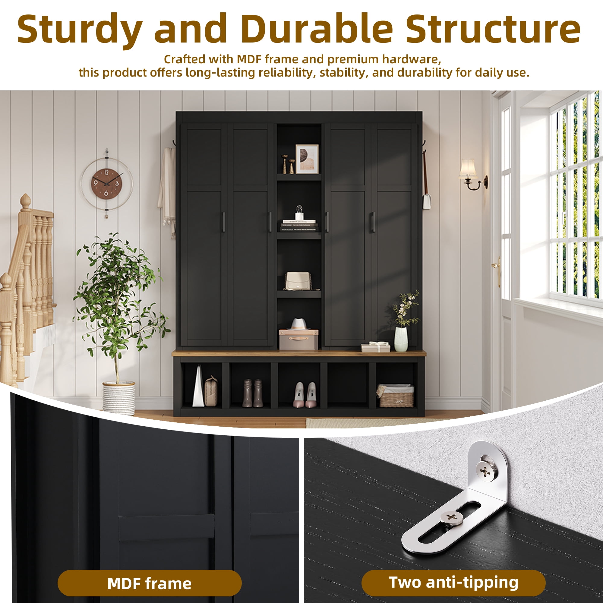 Noble House 62.9" Farmhouse Hall Tree with 6 Hooks,Wood Grain Bench & Shoe Cabinet for Entryway Living Room,Black