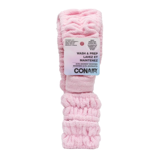 Conair 3 pk Face Washing Headwrap & Cuffs in baby pink ultra-absorbent microfiber, including one wide spa headwrap and two wrist bands that keep hair away and sleeves dry during skincare or makeup routines, also suitable for spa or relaxation use.