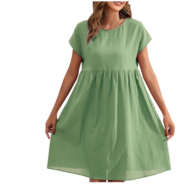 Yuyuzo Robes d'Été pour Femmes 2025 Coton Lin Manches Courtes Plissées Robe Midi Décontractée T-Shirt Fluide Robe d'Été