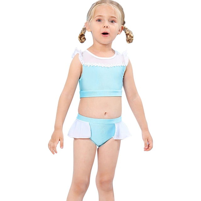 Maillot Tankini 2 Pcs pour Tout-Petites Filles Cendrillon Princesse, Maillot de Bain Bleu Pâle avec Volants Blancs sur le Haut et Bas Assortis avec Volants Latéraux. Fabriqué avec un Tissu Extensible 4 Directions Qui Ne Démange Pas pour le Confort et un Meilleur Ajustement. Idéal pour le Maillot de Bain de Fillette, les Sorties à la Plage, les Fêtes à la Piscine et les Déguisements de cosplay.