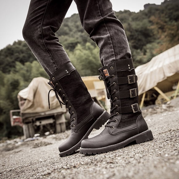 LSLJS Men's Mid-Calf Boots, Fashion Hasp Lacing Thick-soled Large Size Men Platform Locomotive Wind Leather