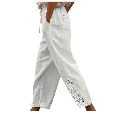 Cameland Ladies Pants Womens Casual Fashion Lace Relaxed Drawstring Pocket High Waist Pants Comfortable Cotton Linen Trousers