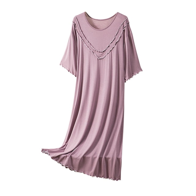Timegard Womens Sleepwear Round Neck Ruffle Short Sleeve Solid Color Homewear Casual Loose Comfy Pjs Dress