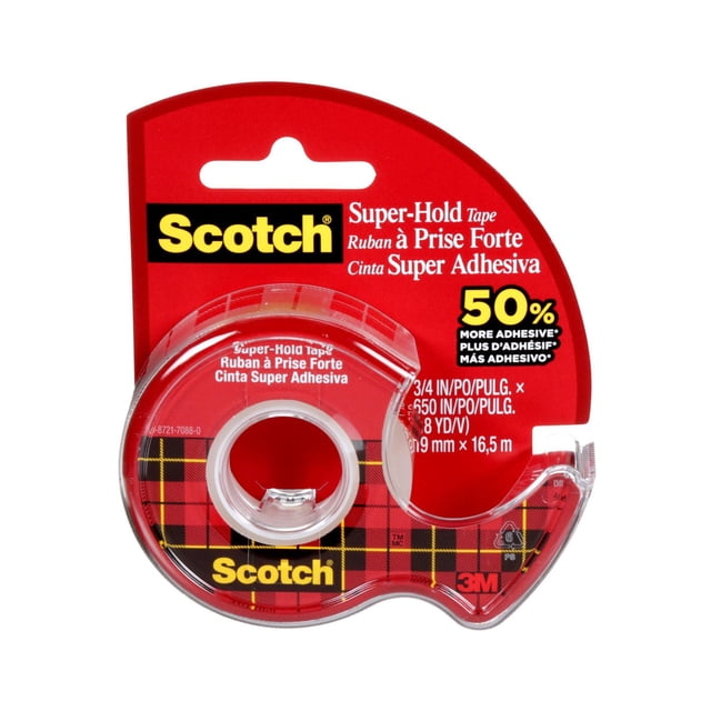 Scotch® Super-Hold Ruban, 198-ESF dans un Distributeur en Plastique Transparent avec Carte au Dos à Carreaux Rouges et Noirs, Mesurant 3/4 Po par 18 Verges, Offrant 50 % Plus d'Adhérence pour une Adhérence Plus Forte, Idéal pour Sceller des Enveloppes, des Réparations Rapides et l'Artisanat dans les Fournitures de Bureau et Scolaires.