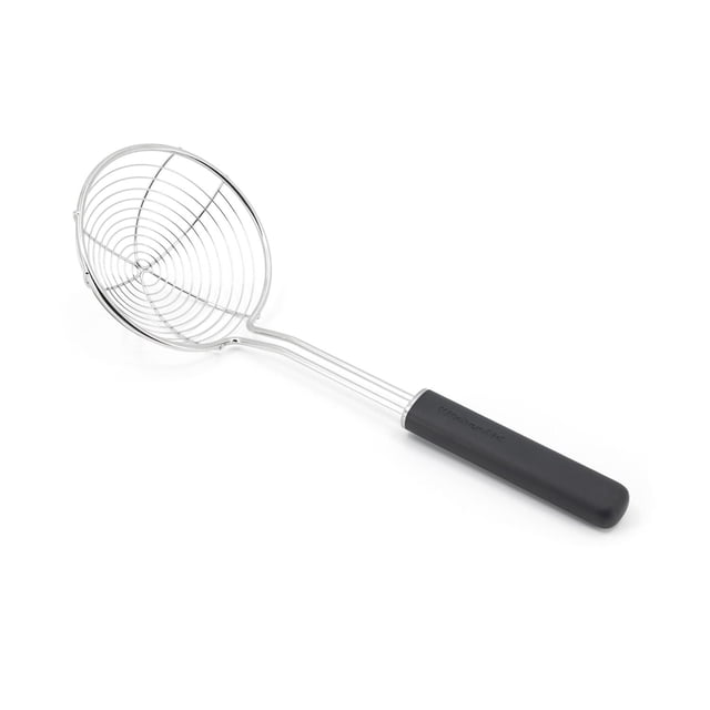 KitchenAid Wire Strainer with a stainless steel wire head featuring concentric circular rings and an extra-wide opening, attached to a long handle with a black nonslip grip, ideal for efficient scooping, draining, and straining food in the kitchen.