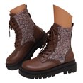 thumbnail image 1 of Pandaie Rhinestone Combat Boots Women Military Motorcycle Riding Booties Platform Lace up Chunky Heel Ankle Boots Brown 6.5, 1 of 8