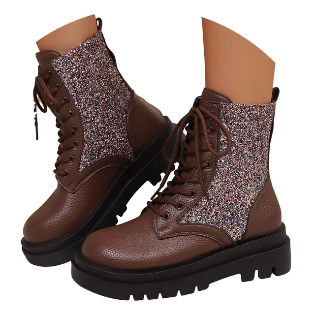 Pandaie Rhinestone Combat Boots Women Military Motorcycle Riding Booties Platform Lace up Chunky Heel Ankle Boots Brown 6.5