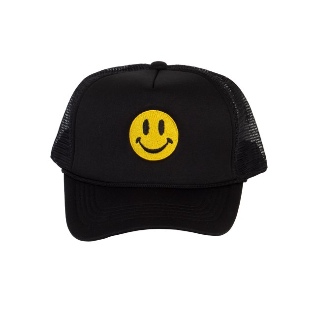 Gravity Threads Smile Face Embroidery Adjustable Trucker Hat - Smile - Black