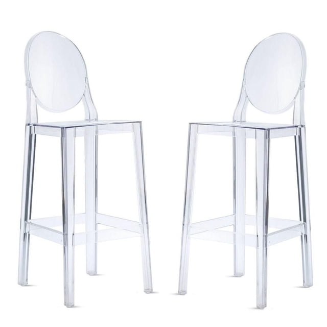 Plastic Transparent Clear Bar Stool set of 2 with backrest and footrest, acrylic construction measuring 42" high with 26" seat height, 14" wide and 18" deep, designed for kitchen island or counter seating, weather-resistant for indoor and outdoor use, also suitable as stylish seating for bar or pub areas.