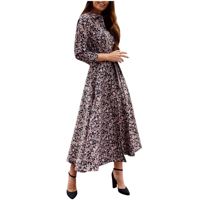 Fridja Robe Maxi Vintage Bohème en Chiffon à Manches Longues Imprimé Léopard pour Femmes