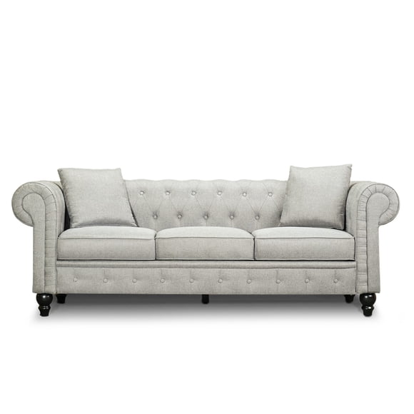 Valencia Cerna Canapé Trois Places Chesterfield en Tissu / Mélange de Lin Suisse Tissé Artisinal, Bois Séché au Four, Confort Ultime, Gris Nuageux