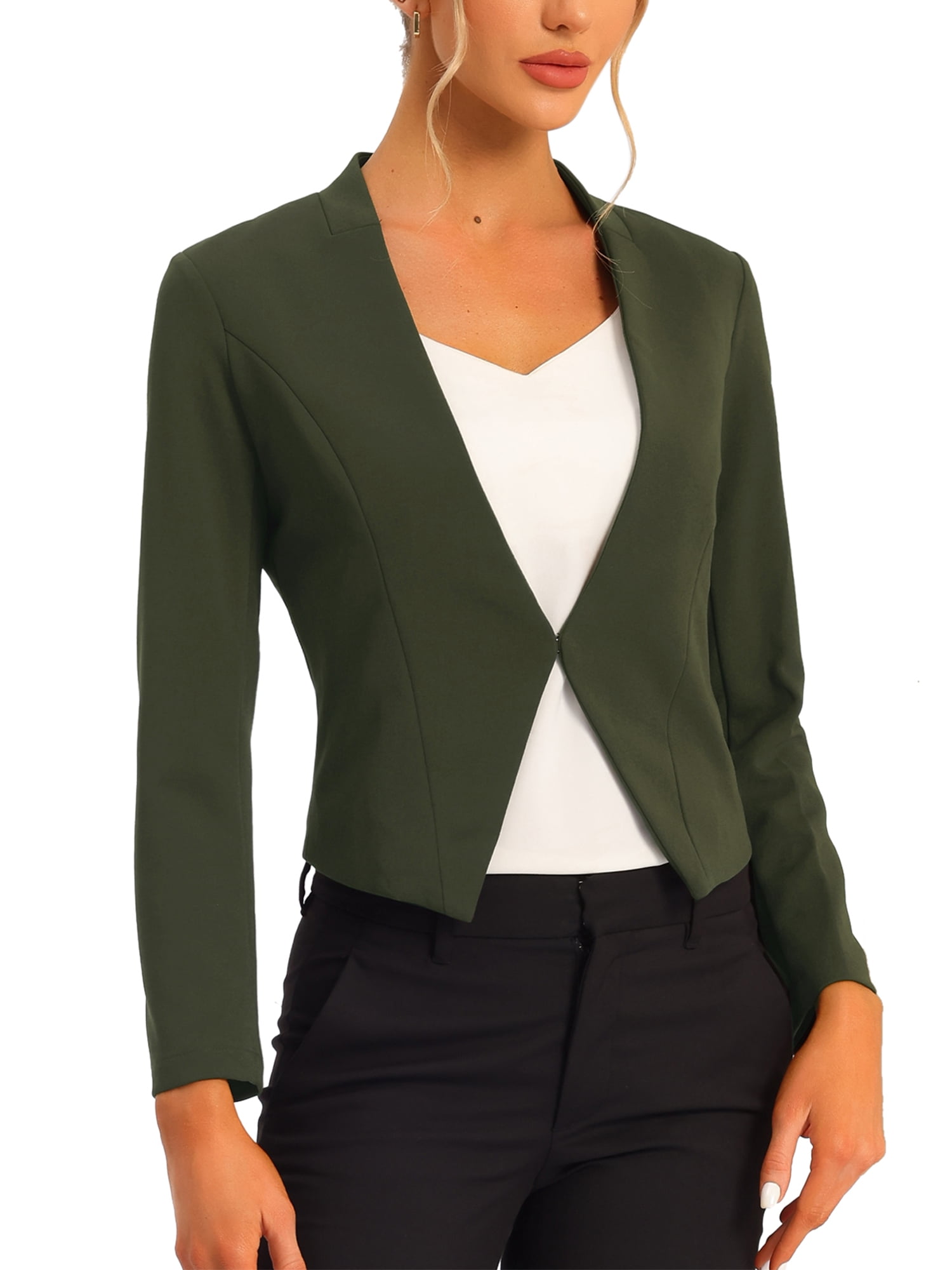 INSPIRE CHIC Blazer de Travail de Bureau pour Femme Sans Col Veste de Complet d'Affaires Décontractée Blazer Court P Vert Armée