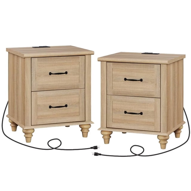 WAMPAT Night Stands for Bedrooms Set of 2, featuring a farmhouse design with oak finish and round gourd legs. Each nightstand includes two deep drawers with smooth metal slides and handles for storage. Equipped with a USB charging station and two AC outlets for convenient device charging. Made of P2 MDF material with solid wood legs for durability. Dimensions: 19.6 x 15.7 x 23.6 inches (L×W×H).