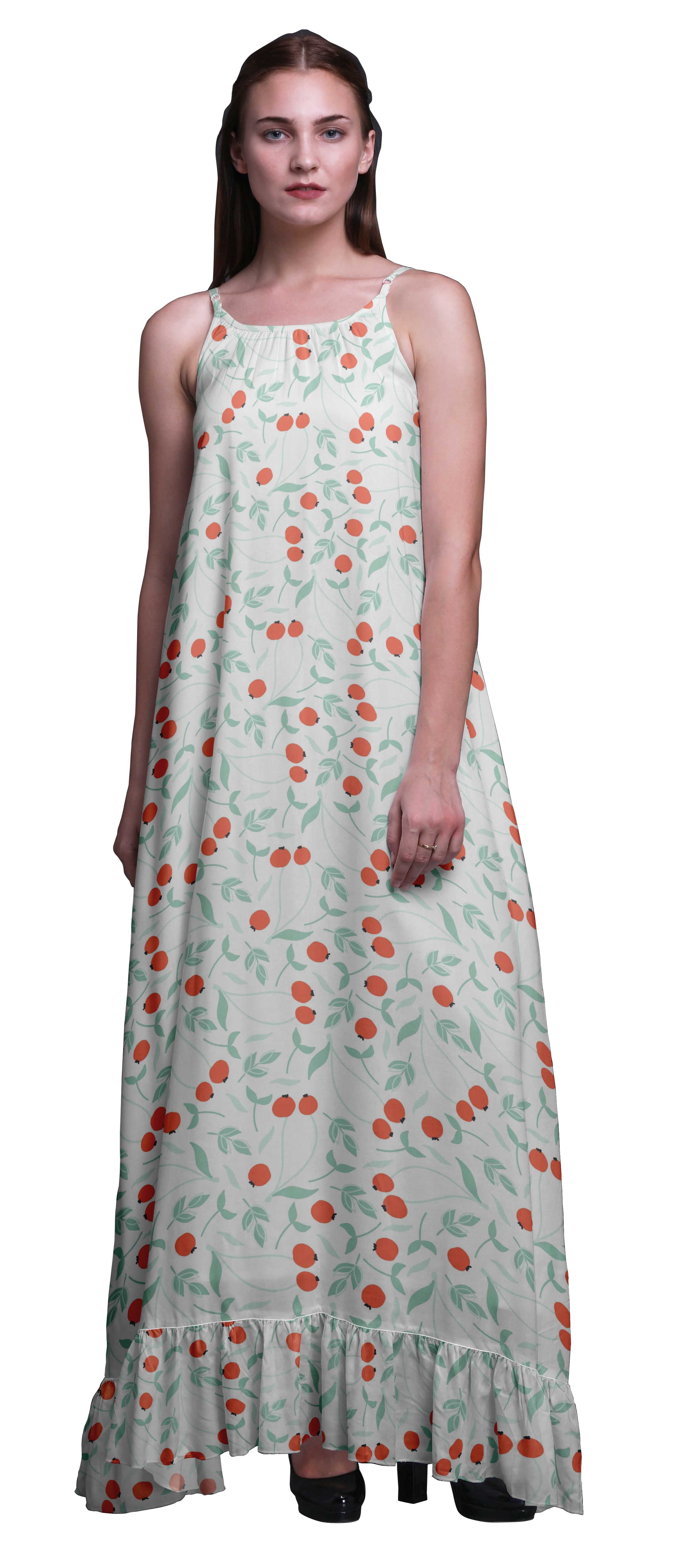 Bimba Robe de Nuit Blanche à Feuilles et Baies pour Femmes, Nuisette Imprimée à Bretelles Spaghetti, Robe Maxi, Vêtement de Nuit, Petit