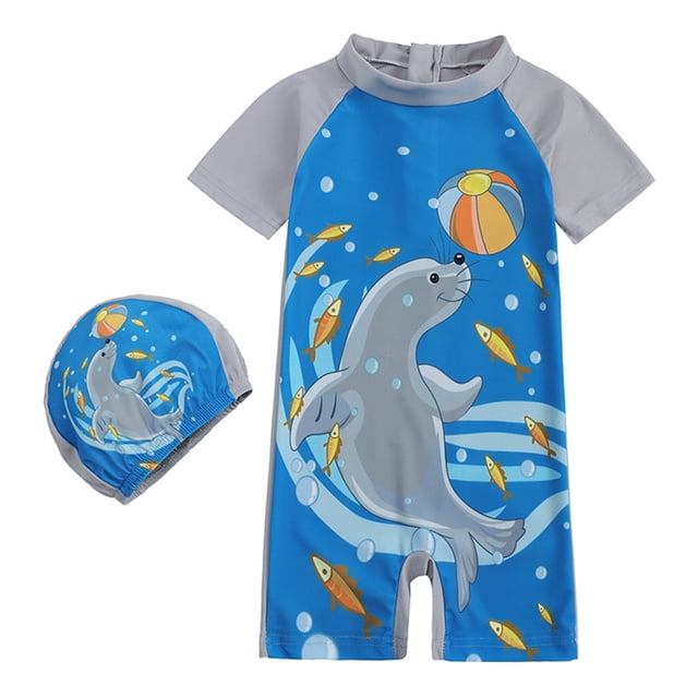 Sunnyoo Little Boys Cartoon Short Sleeve Rash Guard UPF 50+ One-Piece Swimsuit with Hat