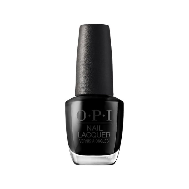 OPI Nail Lacquer bottle in black with a textured black cap, featuring the brand name and product details, formulated for smooth, glossy nail polish application with chip-resistant wear and quick drying, suitable for regular manicure updates.