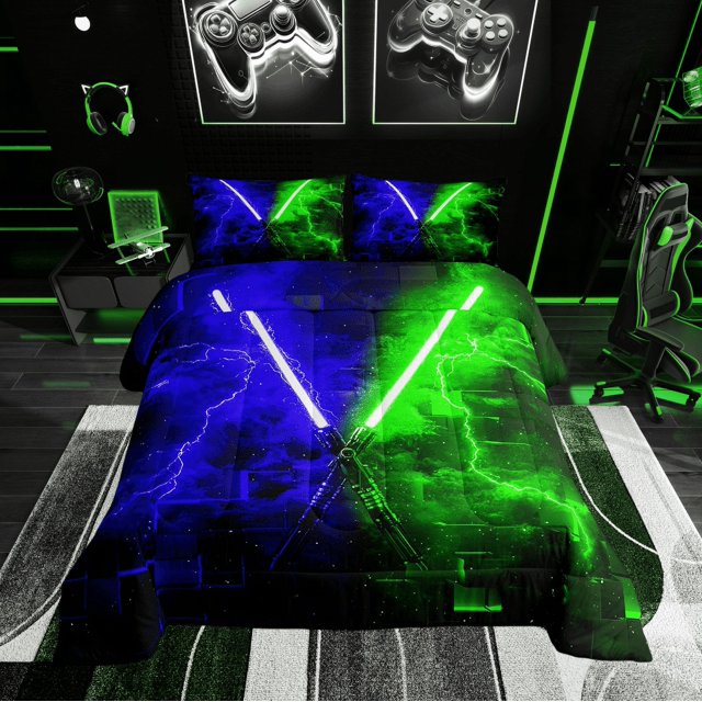 Erosebridal Ensembles de Literie Gaming Lightsaber Grand Lit avec Couette, Insert de Couette Néon Lightning, Décor Mode Moderne, Réversible