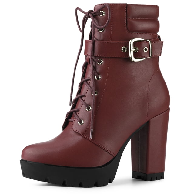 BLISSFUL STEP Bottines à Talons Épais à Plateforme pour Femmes avec Boucle et Laçage