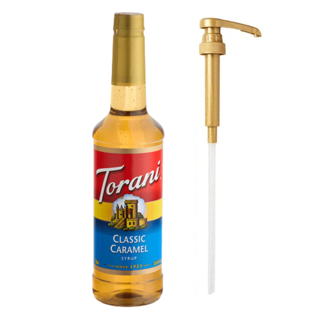 Torani Classic Caramel Flavoring Syrup Plastic 750 mL with Bonus Squeeze Pump – Premium Rich & Buttery Caramelized Sugar Drink Mixer, Pure Cane Sugar Matrix, Shatterproof Handheld Foodservice Bottle