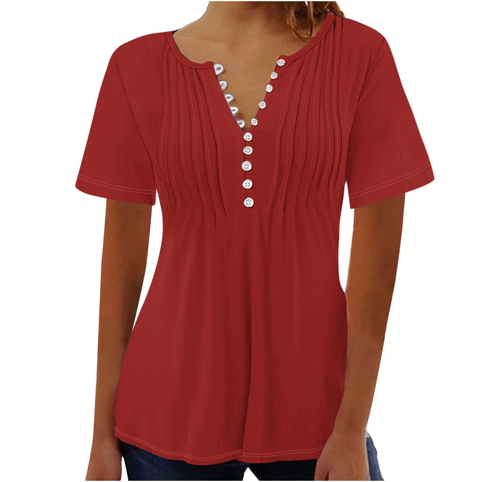 AherBiu Hauts pour Femmes Été à Boutons Col Rond Couleur Unie Froncé Chic Décontracté Tuniques Amples T-Shirts