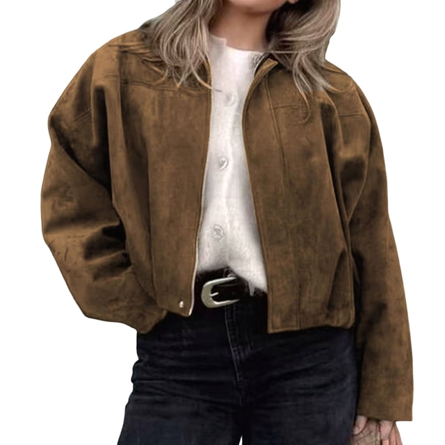 Veste en Faux Suède pour Femme, Manteau à Revers de Printemps, Décontracté, Ample, à Manches Longues, Style Mode de Rue, Brun Foncé L