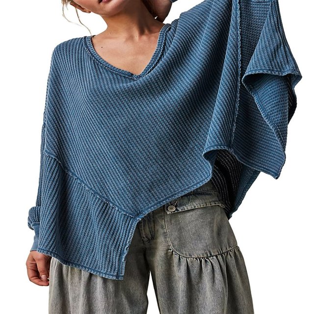 Women Long Sleeve T-Shirts Solid Color Dropped Shoulders V-Neck Waffle Shirts Spring Fall Loose Fit Tops Streetwear