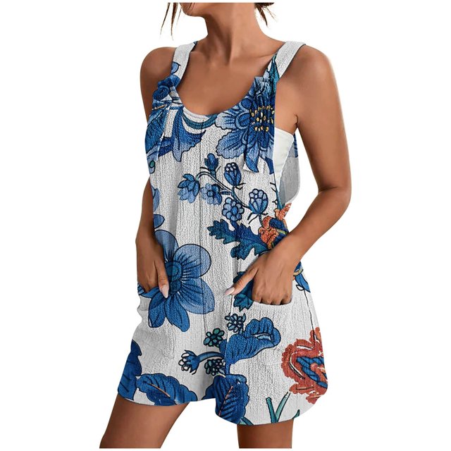 Pisexur Combinaison Décontractée pour Femmes Plus Size Summer Floral Sans Manches Ample Réglable Bretelles Spaghetti Shorts Extensibles d'Une Seule Pièce avec Poches S-3XL