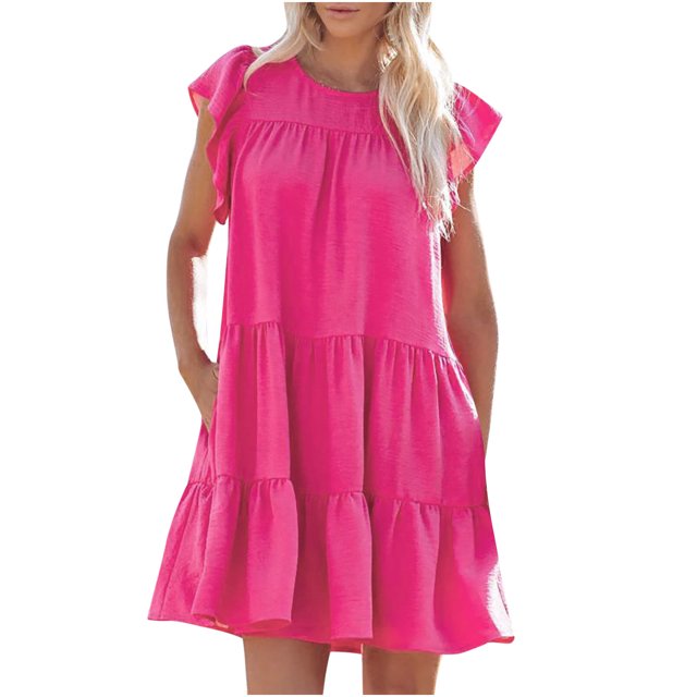 Liquidation d'Économies d'Été RKSTN Robe d'Été pour Femmes, Couleur Unie, Col Rond, Manches Courtes, Robe de Fête, Robe de Plage Ample