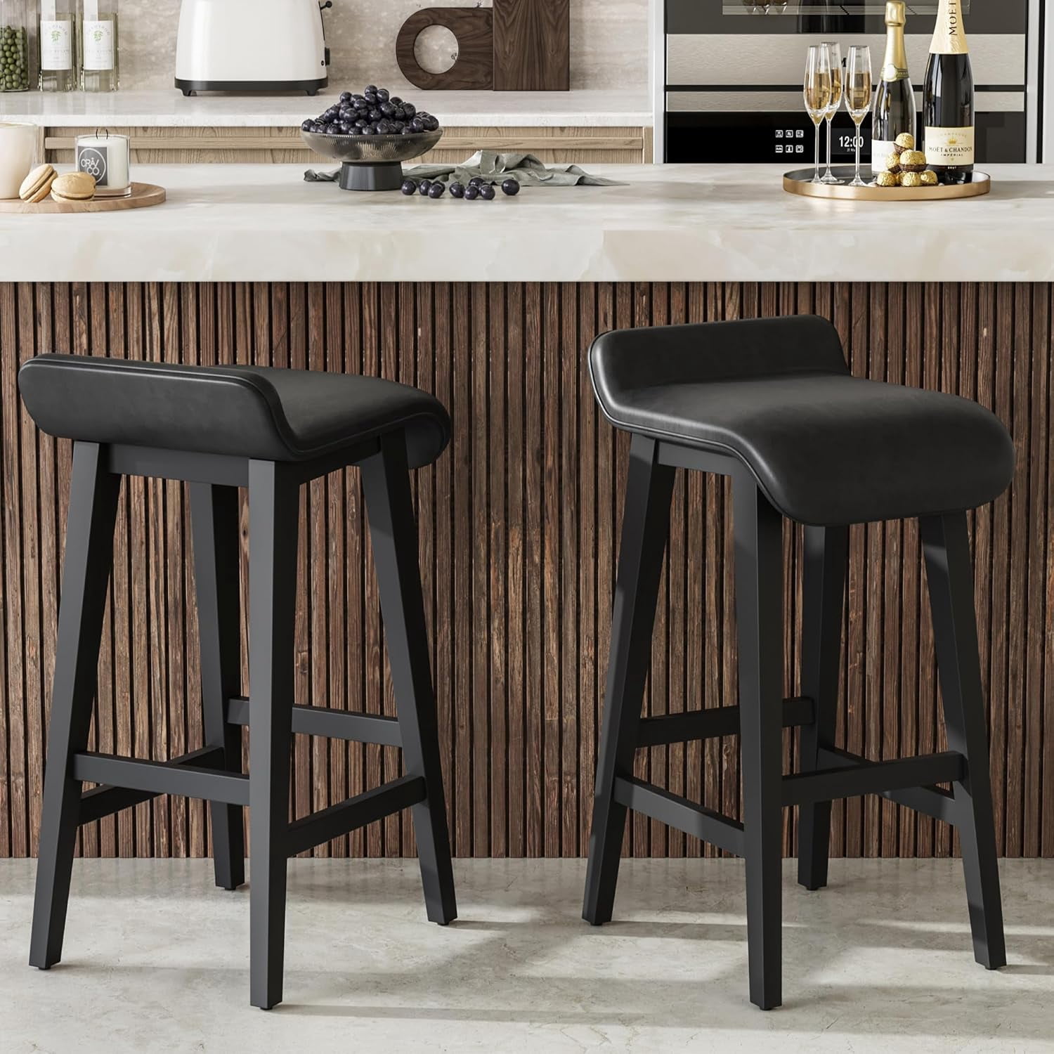 YUSAZENS 26.2 Inch Bar Stools Counter Height with Low Back Footrest Wood Frame Wide PU Leather Upholstered Seat Barstools Set for Kitchen Islands Counter Bars Home Black 2pcs