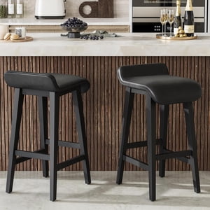 YUSAZENS 26.2 Inch Bar Stools Counter Height with Low Back Footrest Wood Frame Wide PU Leather Upholstered Seat Barstools Set for Kitchen Islands Counter Bars Home Black 2pcs
