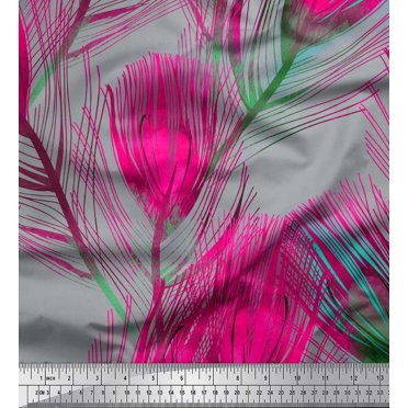Soimoi Japan Crepe Satin Fabric Peacock Feather Decor Fabric Printed Yard 42 Inch Wide